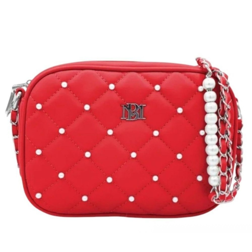 NWT Quilted Camera Bag‎ Pearl Chain Shoulder Crossbody Red Purse